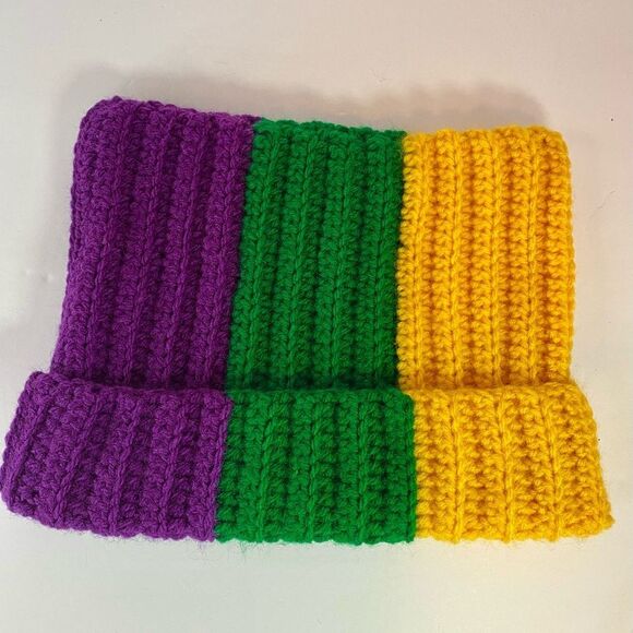 Purple Green & Gold Mardi Gras Colors Handmade Crochet Cat Ear Beanie Hat - Picture 6 of 10